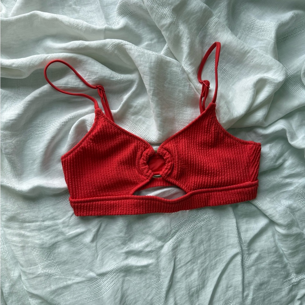 aerie Red Ribbed Cutout scoop bikini top  with Ring Accent small NWOT
